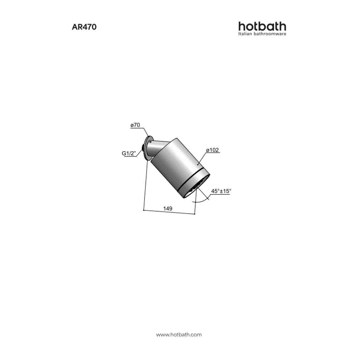Hotbath Archie AR470 Beam hoofddouche 3 standen met muurbevestiging RVS 316 technische tekening