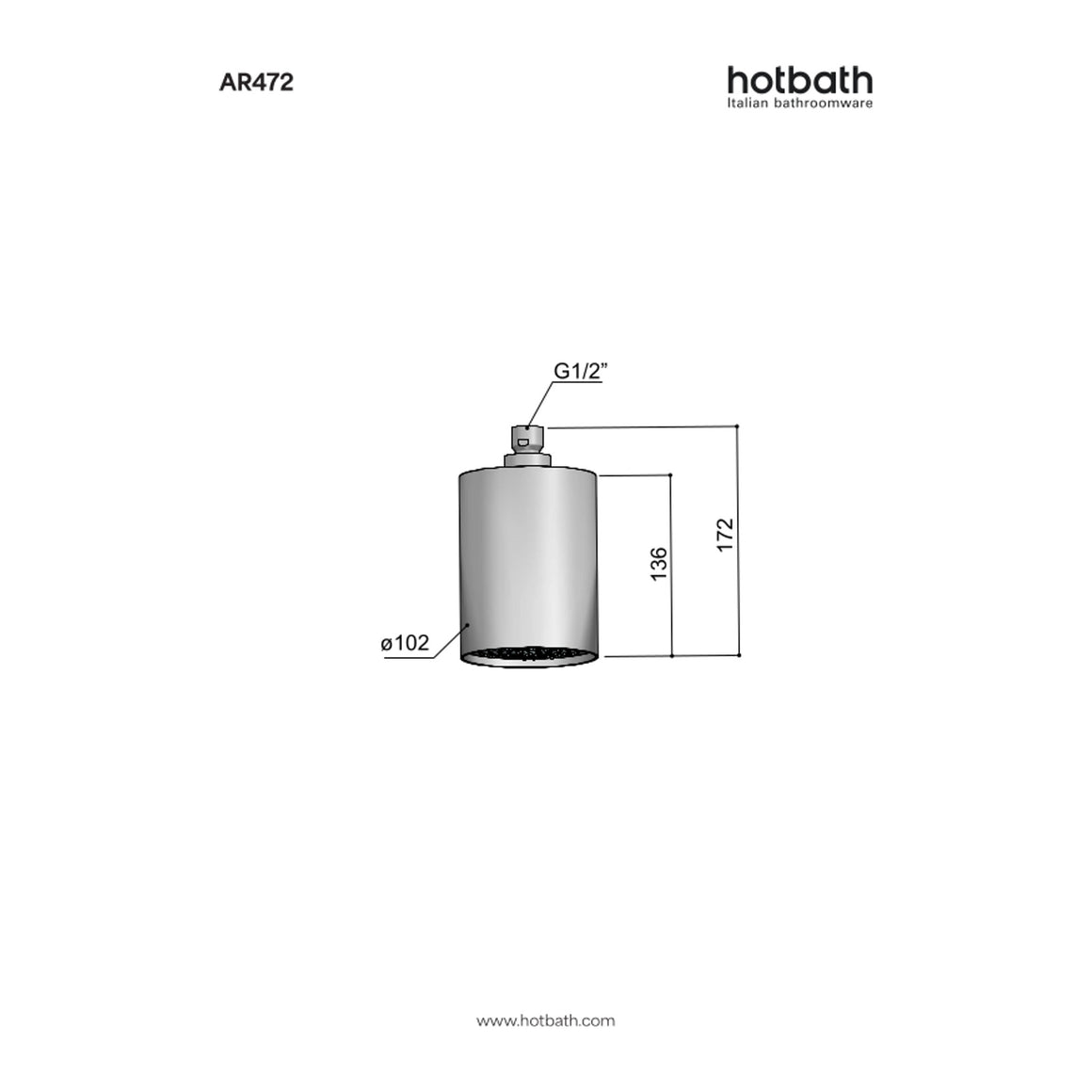 Hotbath Archie AR472 Beam hoofddouche Velvet met plafondbevestiging RVS 316 technische tekening
