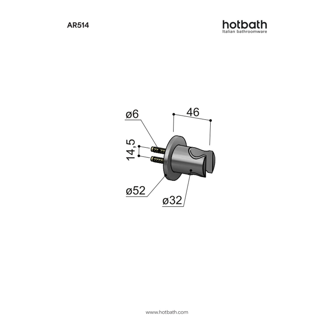 Hotbath Archie AR514 wandhouder voor handdouche RVS 316 technische tekening