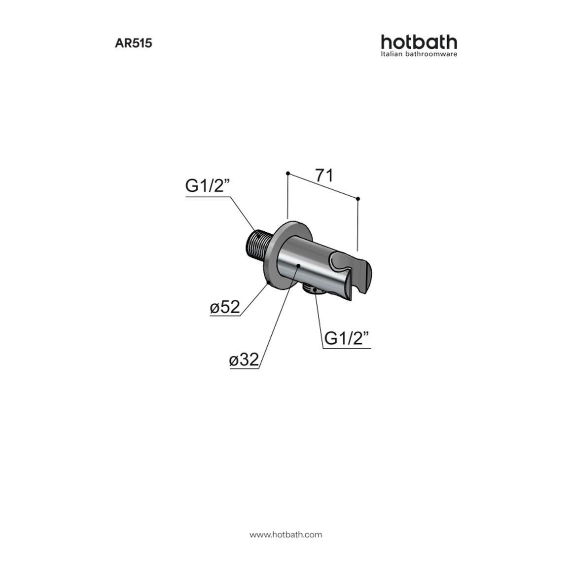 Hotbath Archie AR515 wandhouder met doucheaansluiting RVS 316 technische tekening