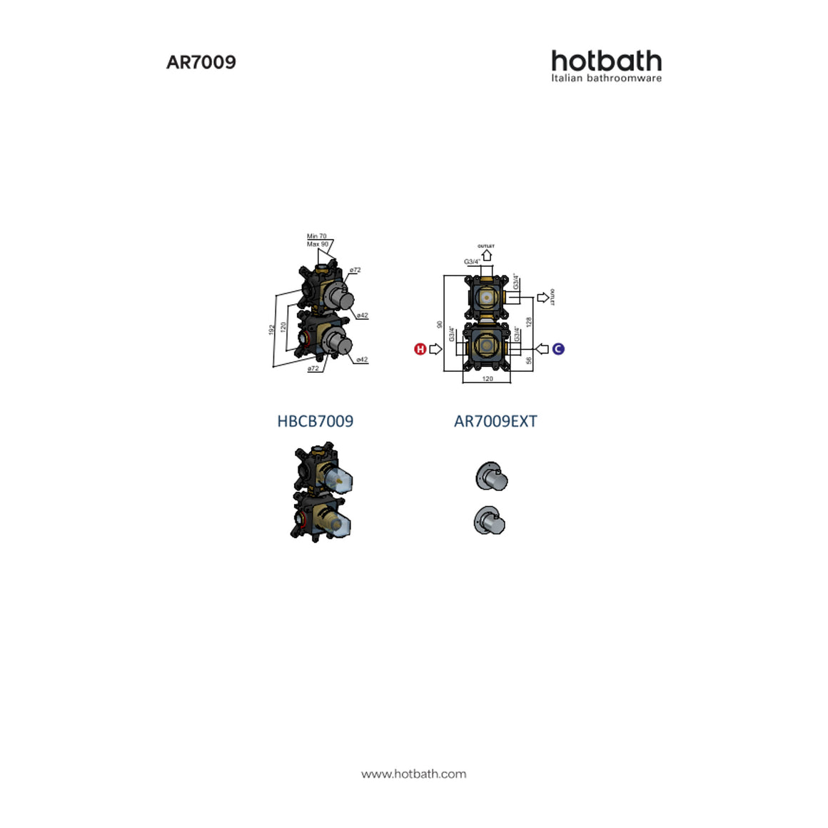 Hotbath Archie AR7009 inbouw thermostaat met 2-weg stop-omstel RVS 316 technische tekening