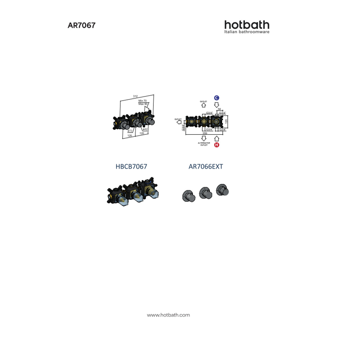 Hotbath Archie AR7067 inbouw douchethermostaat met 2 stopkranen RVS 316 technische tekening