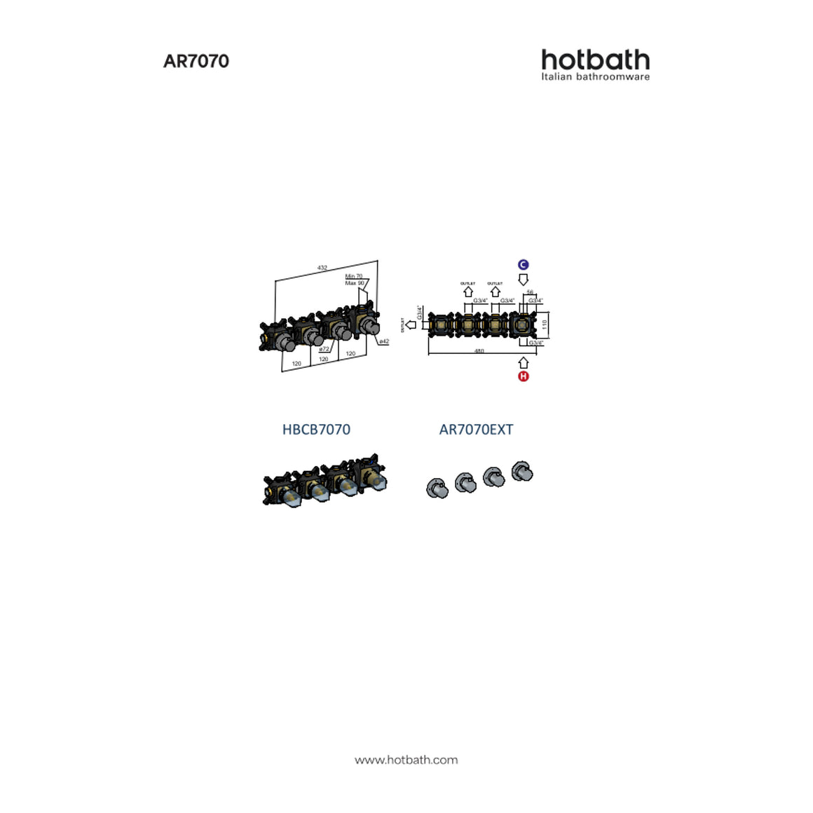 Hotbath Archie AR7070 inbouw douchethermostaat met 3 stopkranen RVS 316 technische tekening