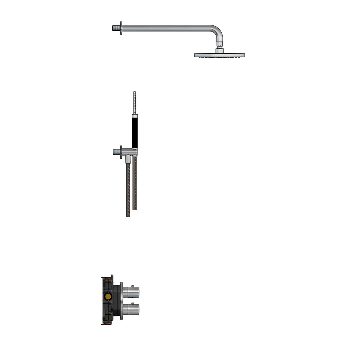 Hotbath Archie IBS30A inbouw regendoucheset thermostatisch met 2-weg omstel RVS 316 Geborsteld RVS Ronde handdouche + wandarm + standaard hoofddouche productfoto