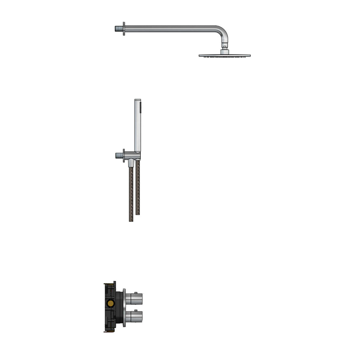 Hotbath Archie IBS30A inbouw regendoucheset thermostatisch met 2-weg omstel RVS 316 Geborsteld RVS Staafhanddouche + wandarm + hoofddouche 20 cm extra dun (AR198) productfoto