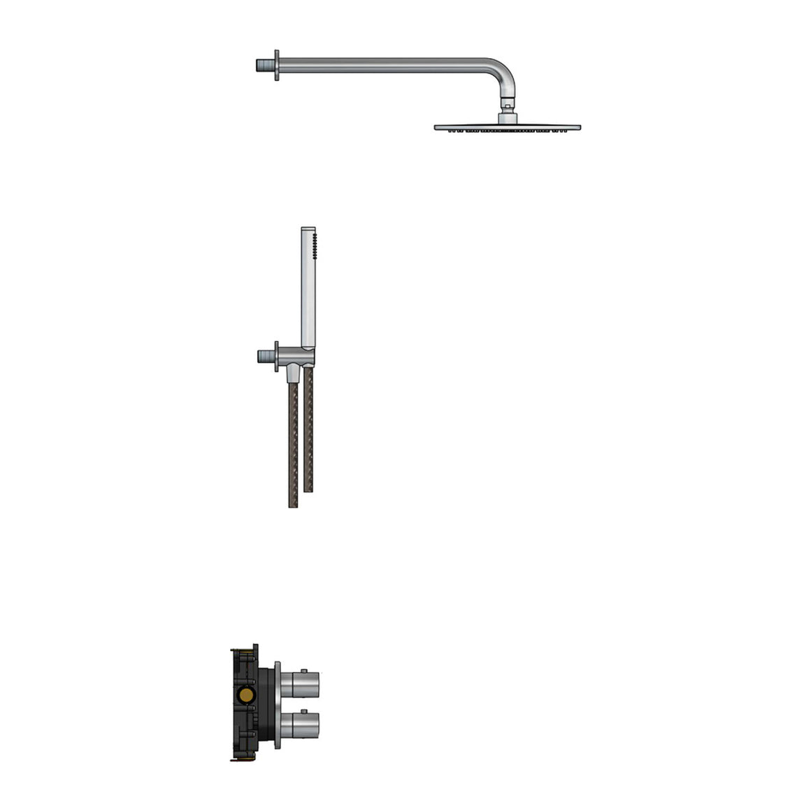 Hotbath Archie IBS30A inbouw regendoucheset thermostatisch met 2-weg omstel RVS 316 Geborsteld RVS Staafhanddouche + wandarm + hoofddouche 30 cm extra dun (AR199) productfoto