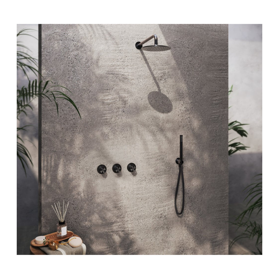 Hotbath Archie IBS33 inbouw regendoucheset thermostatisch met 2 stopkranen Geborsteld gunmetal PVD Staafhanddouche + plafondbuis 30 cm + hoofddouche 30 cm extra dun (AR199) productfoto