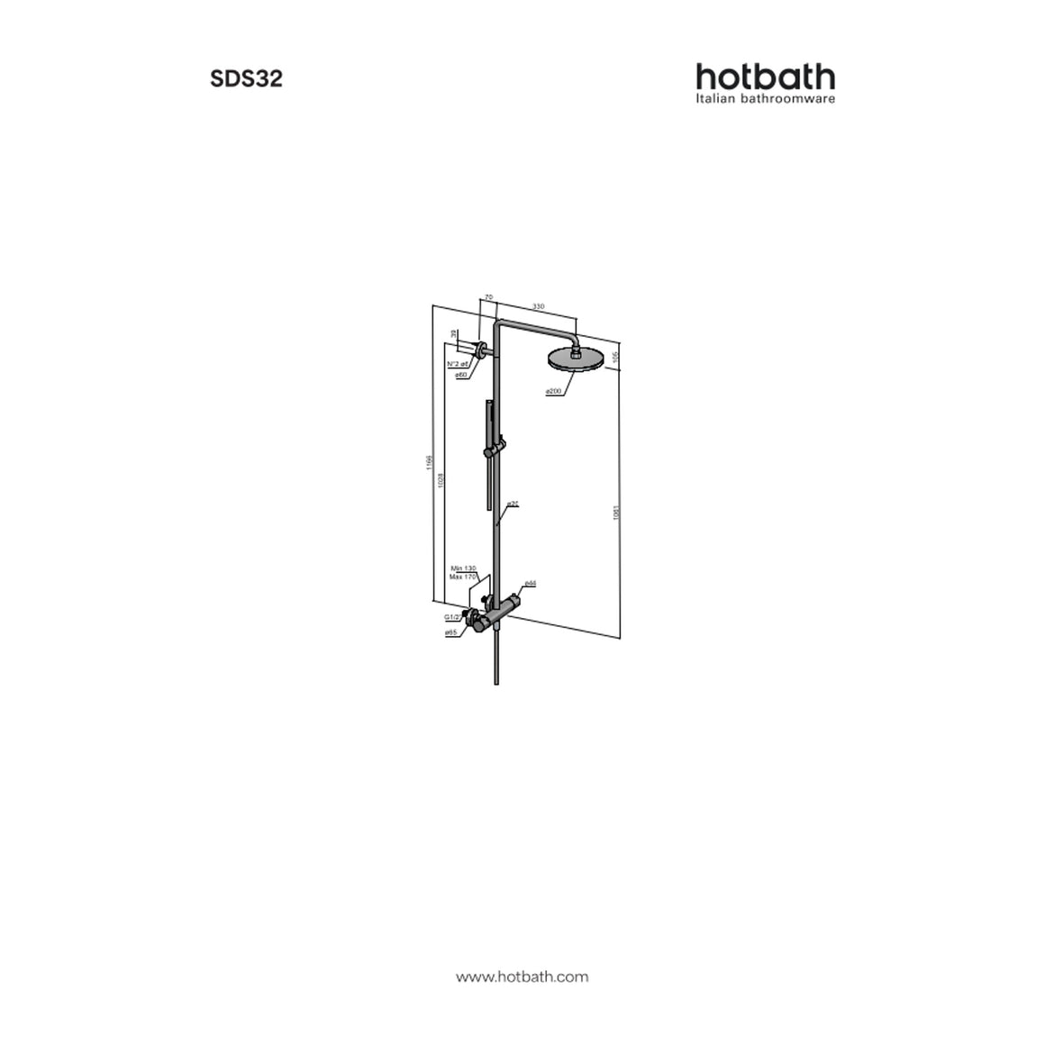 Hotbath Archie SDS32 thermostatische regendoucheset opbouw RVS 316 technische tekening