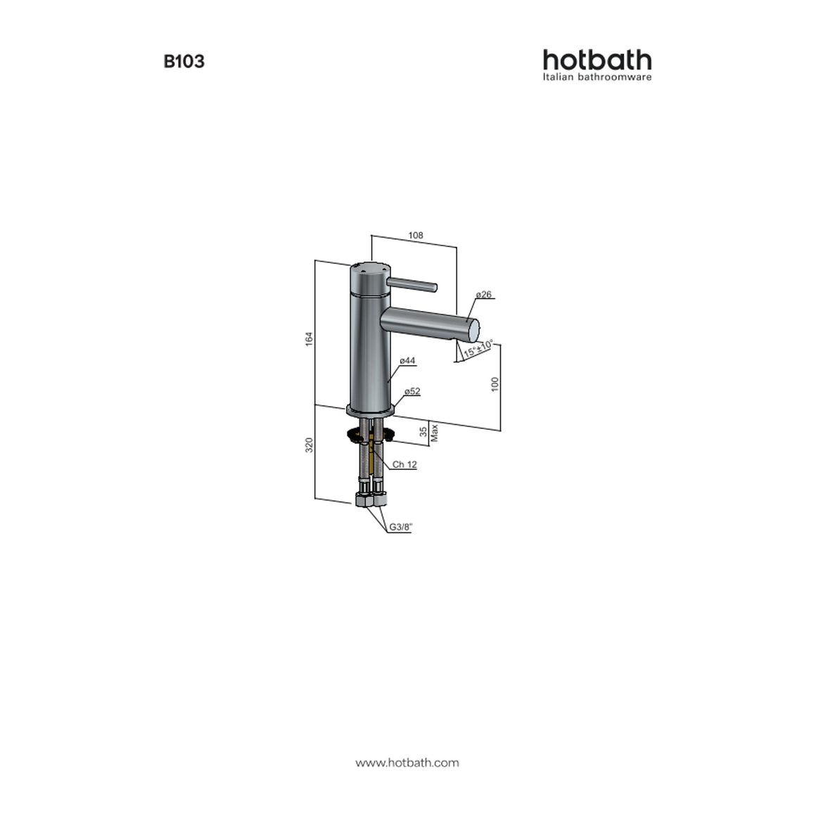 Hotbath Buddy B103 wastafelmengkraan technische tekening