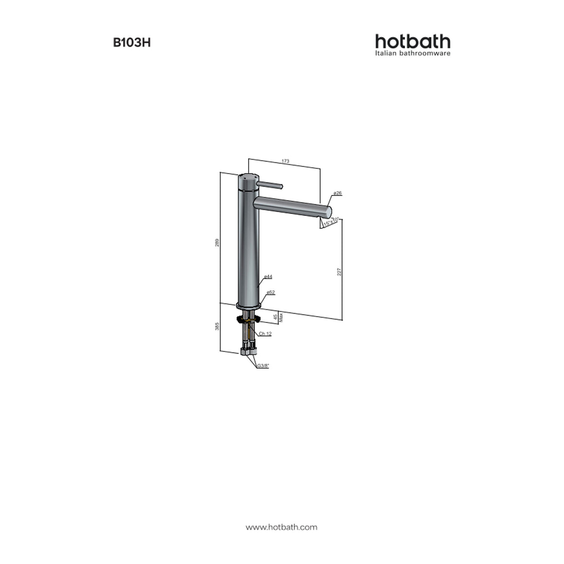 Hotbath Buddy B103H hoge wastafelmengkraan technische tekening