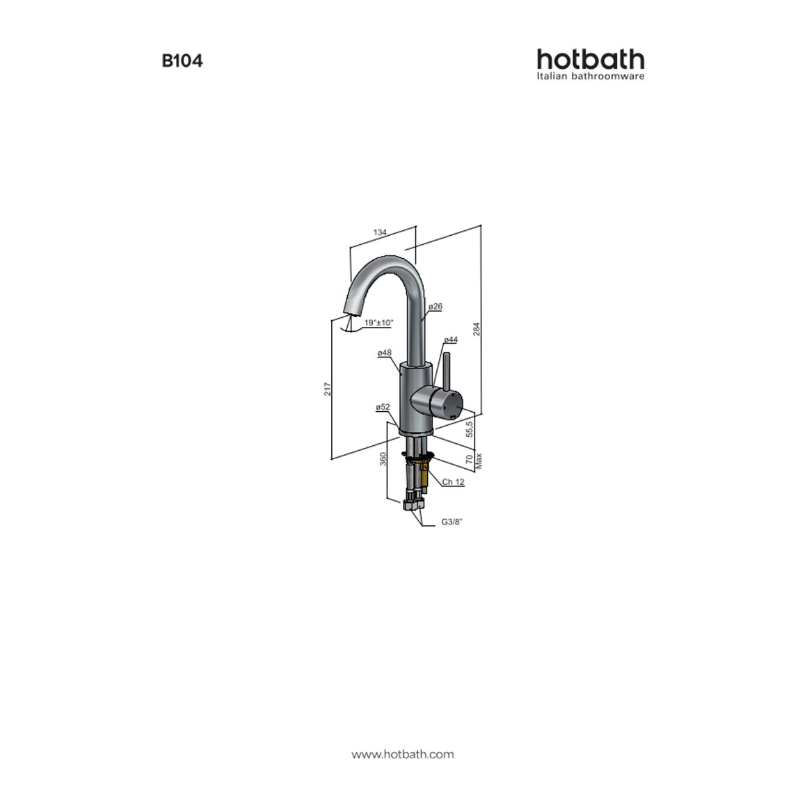 Hotbath Buddy B104 wastafelmengkraan met draaibare uitloop technische tekening