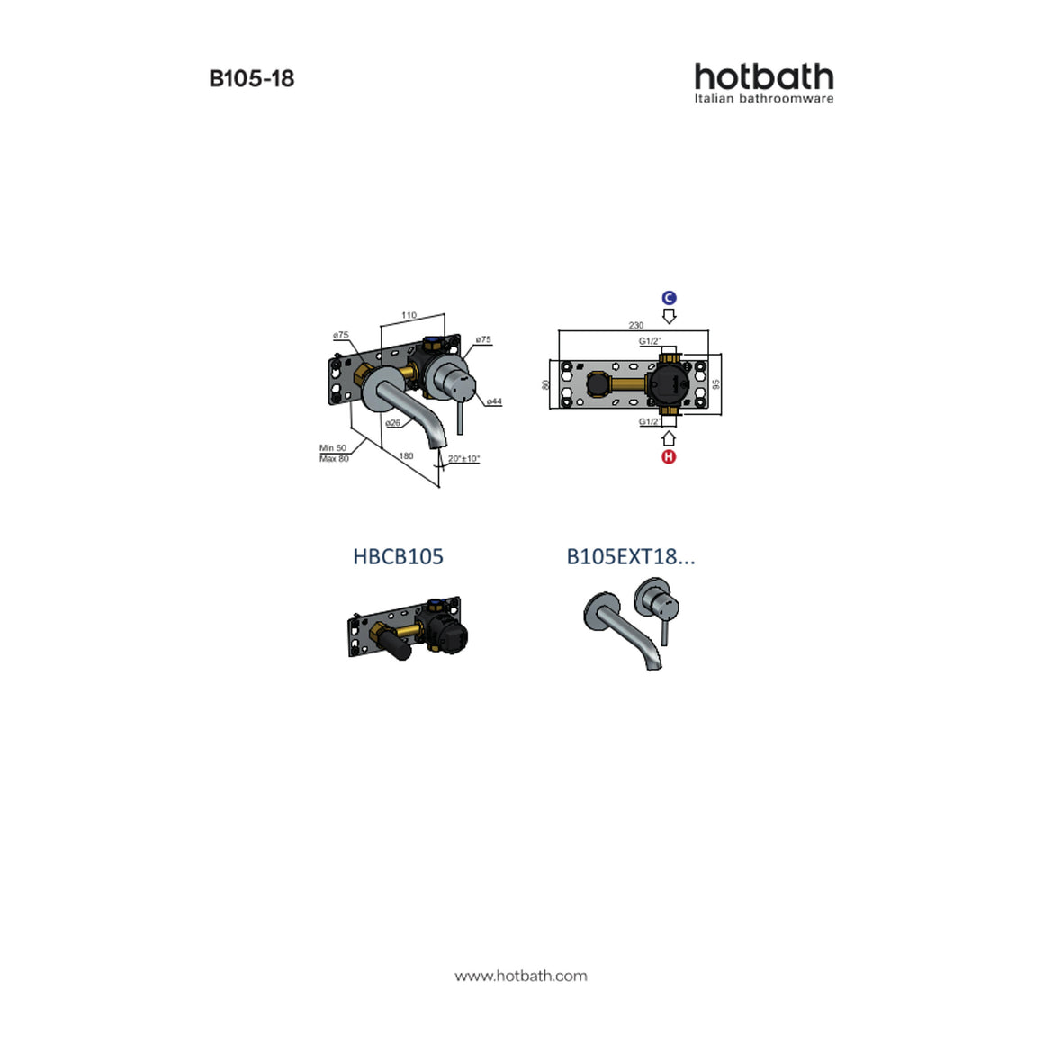 Hotbath Buddy B105 inbouw wastafelmengkraan 18 cm technische tekening