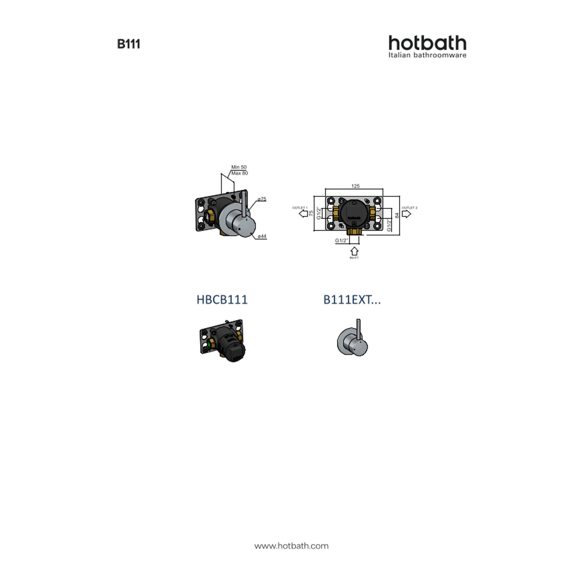 Hotbath Buddy B111 inbouw 2-weg omstel technische tekening