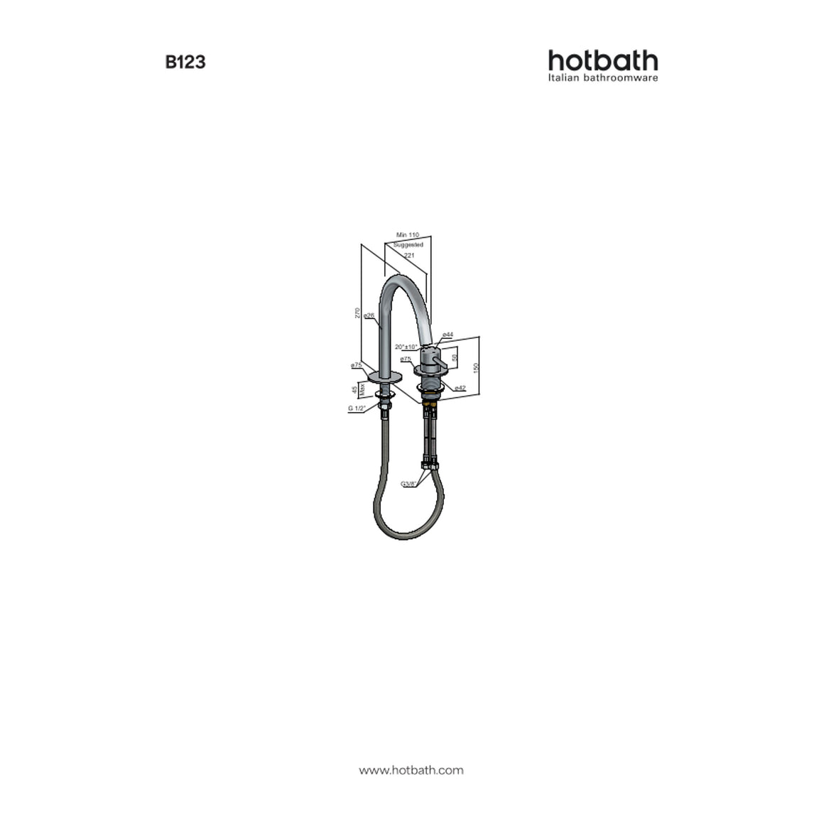 Hotbath Buddy B123 2-gats wastafelmengkraan technische tekening
