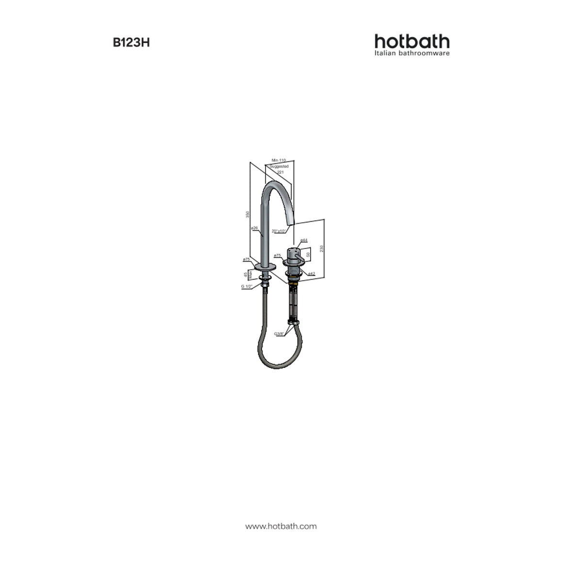 Hotbath Buddy B123H hoge 2-gats wastafelmengkraan technische tekening