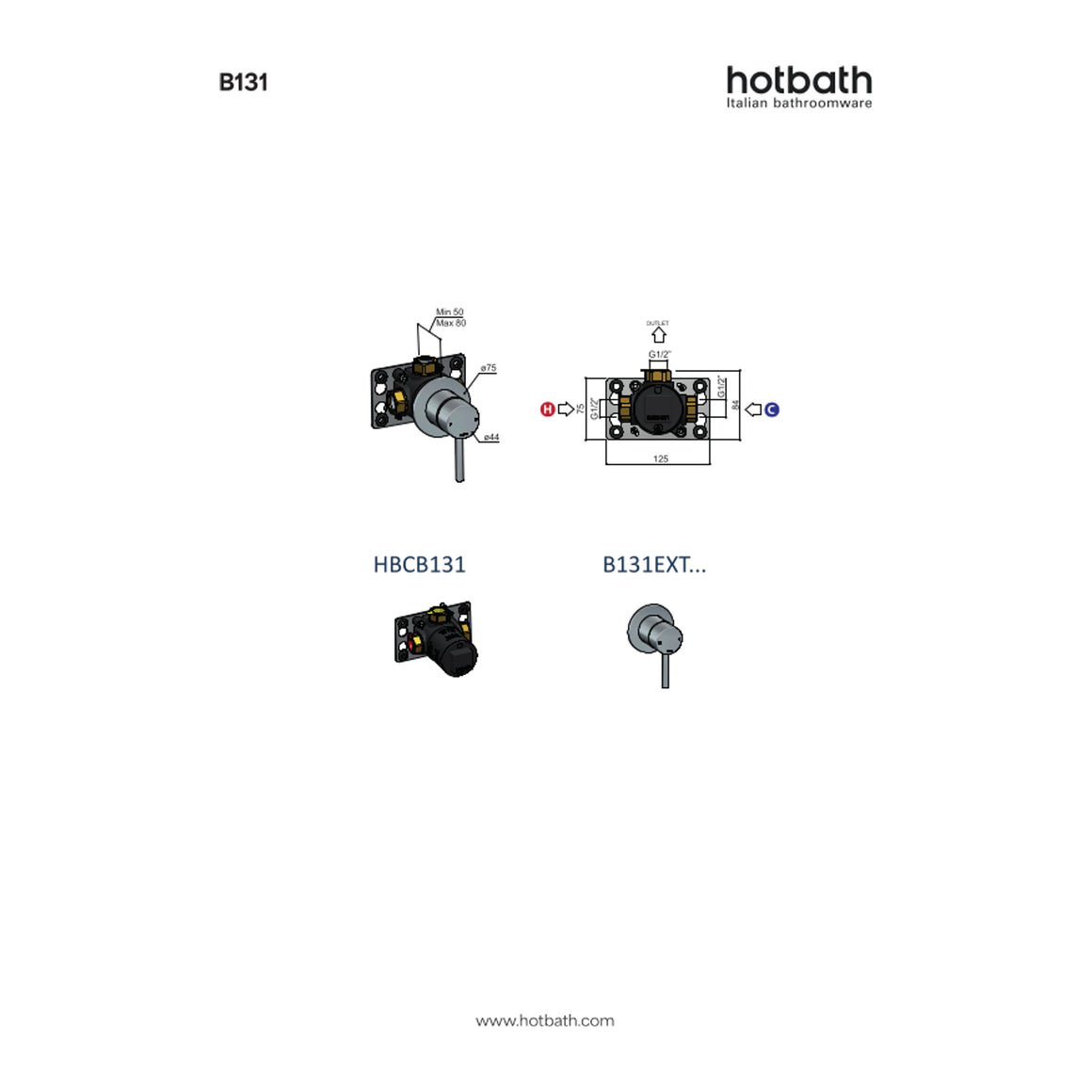 Hotbath Buddy B131 inbouw douchemengkraan technische tekening