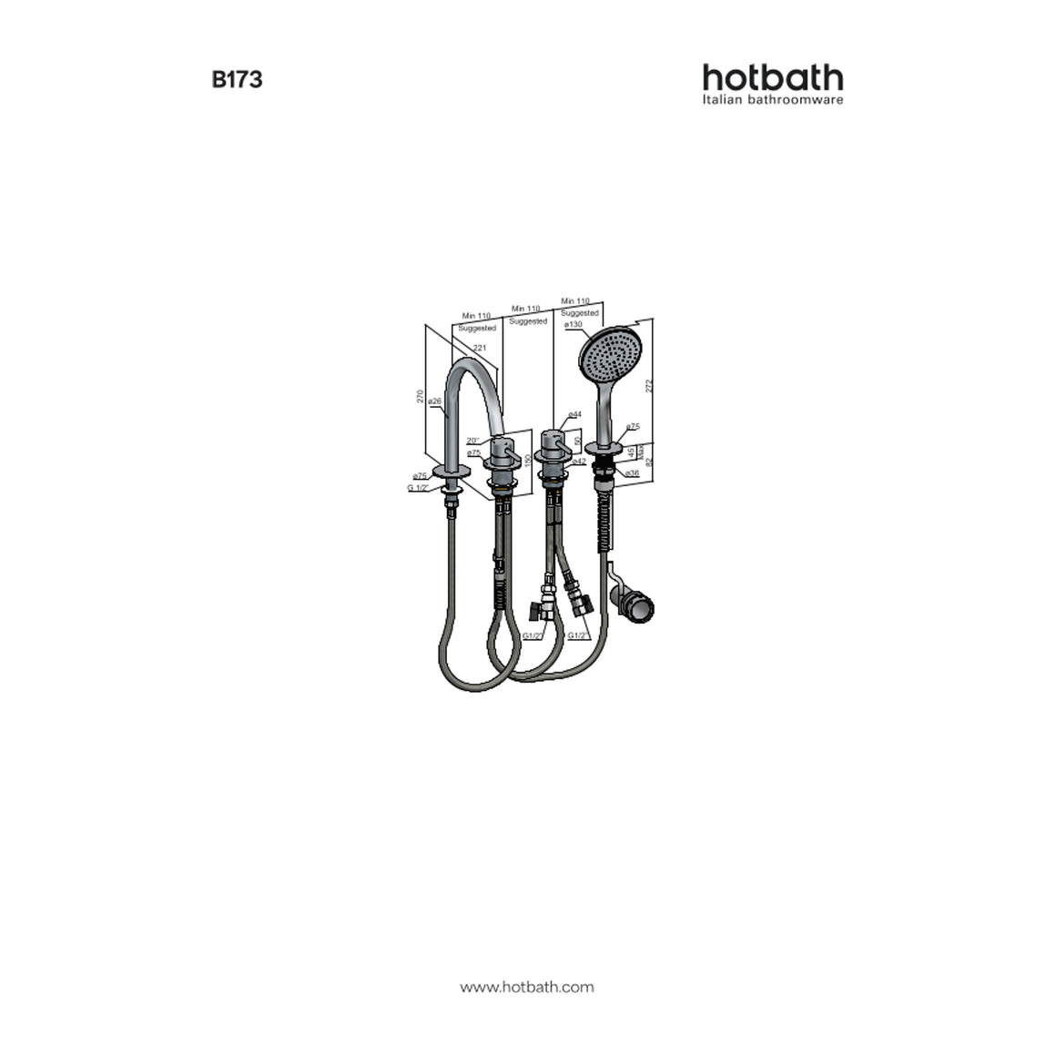 Hotbath Buddy B173 badrandcombinatie met uitloop en handdouche technische tekening