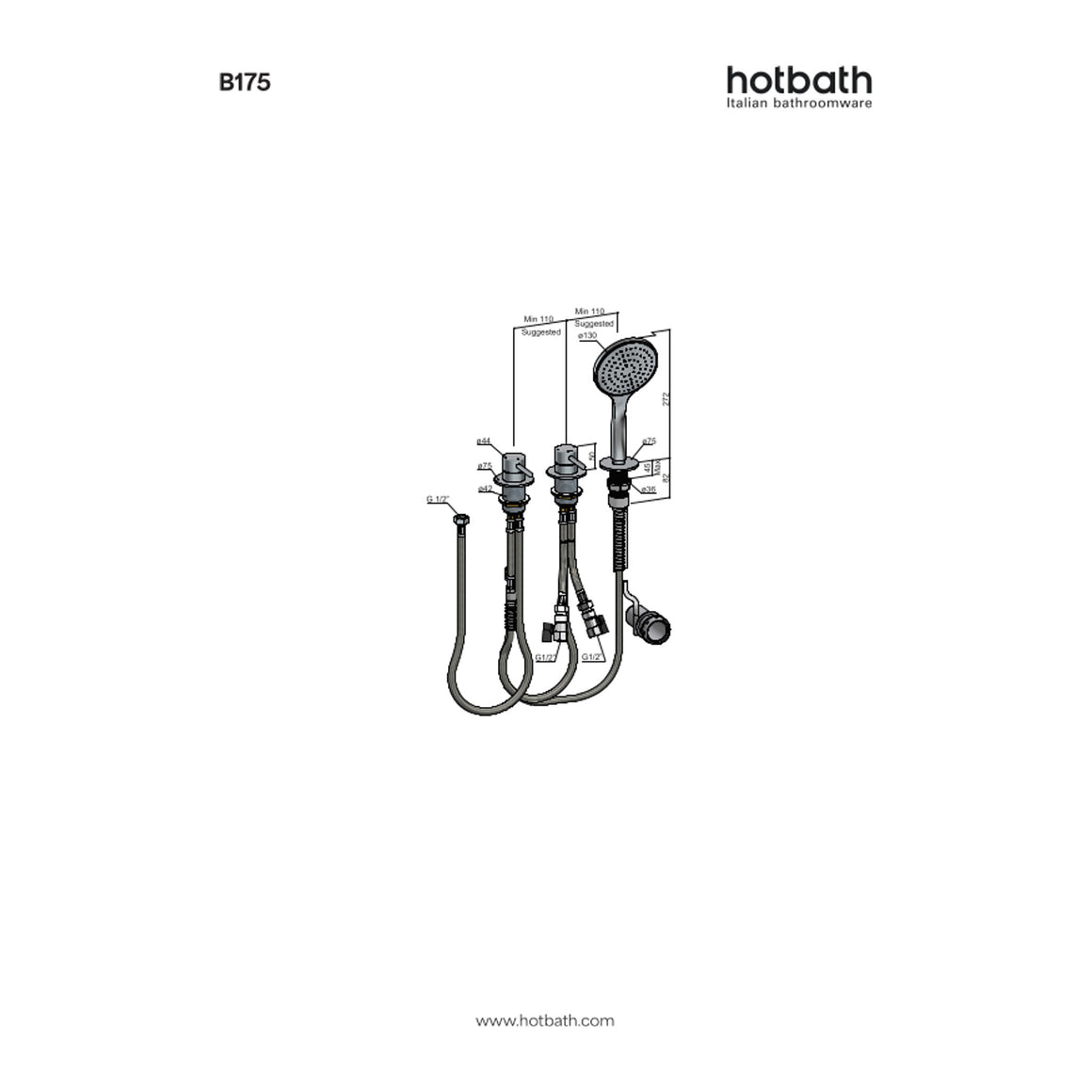 Hotbath Buddy B175 badrandcombinatie zonder uitloop met handdouche technische tekening