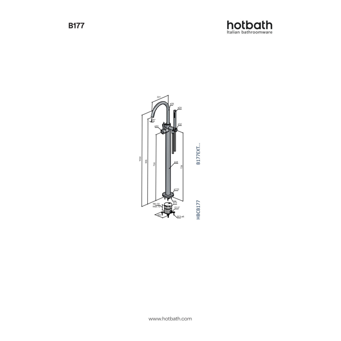 Hotbath Buddy B177 vrijstaande badmengkraan met draaibare uitloop technische tekening