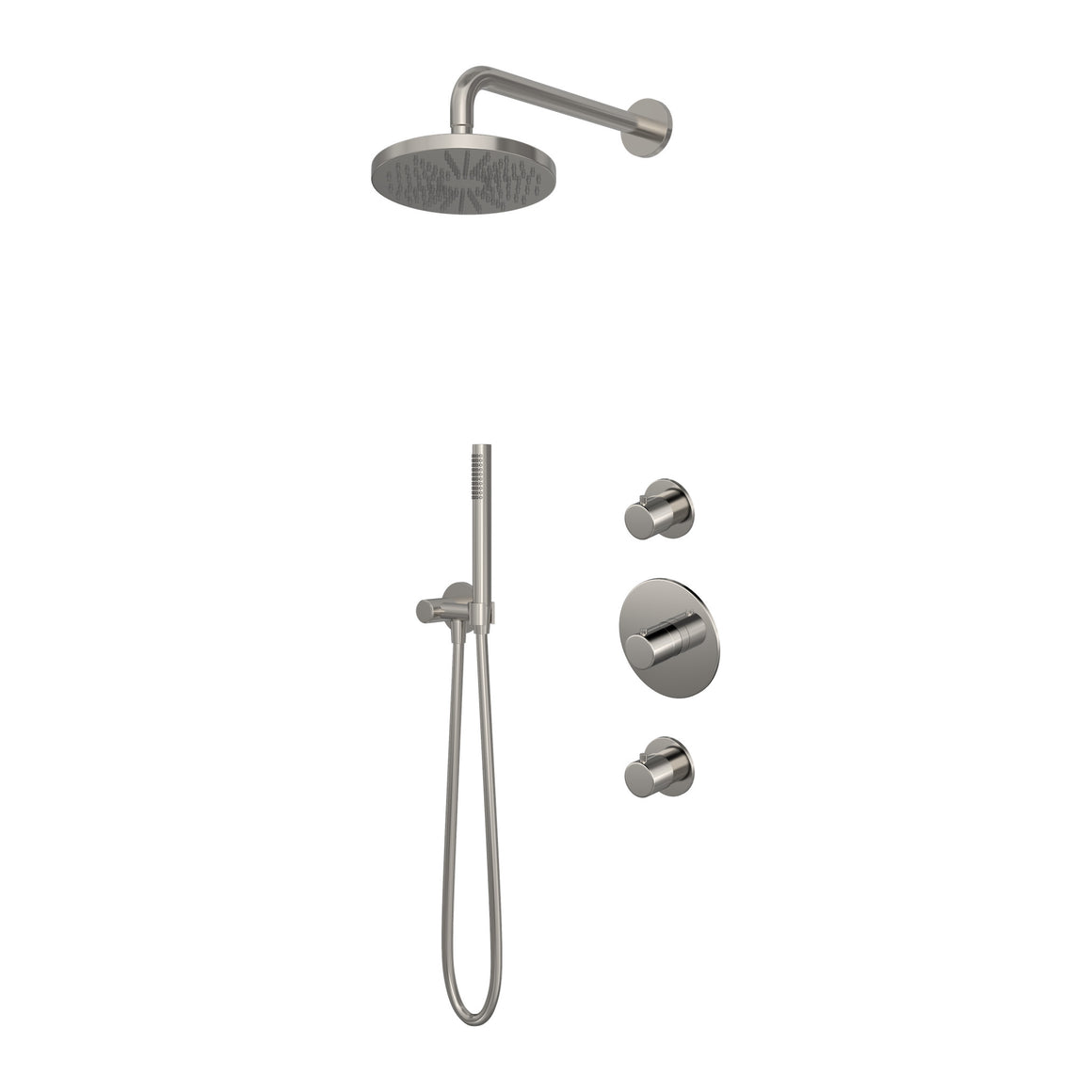 Hotbath Buddy IBS1 inbouw regendoucheset thermostatisch met 2 stopkranen Geborsteld nikkel Staafhanddouche + wandarm + hoofddouche 20 cm productfoto