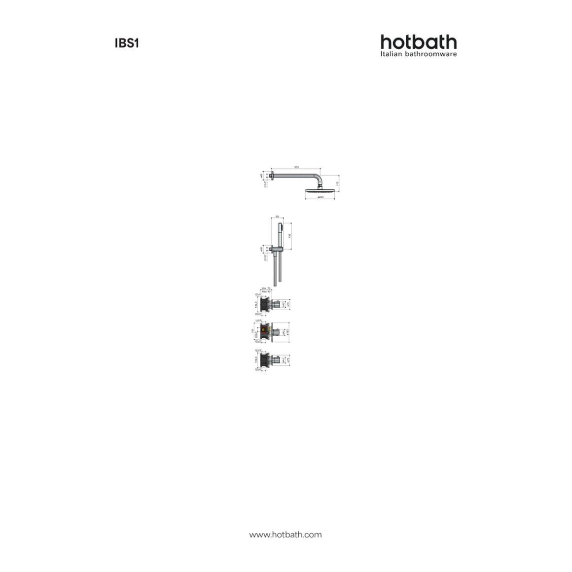 Hotbath Buddy IBS1 inbouw regendoucheset thermostatisch met 2 stopkranen technische tekening
