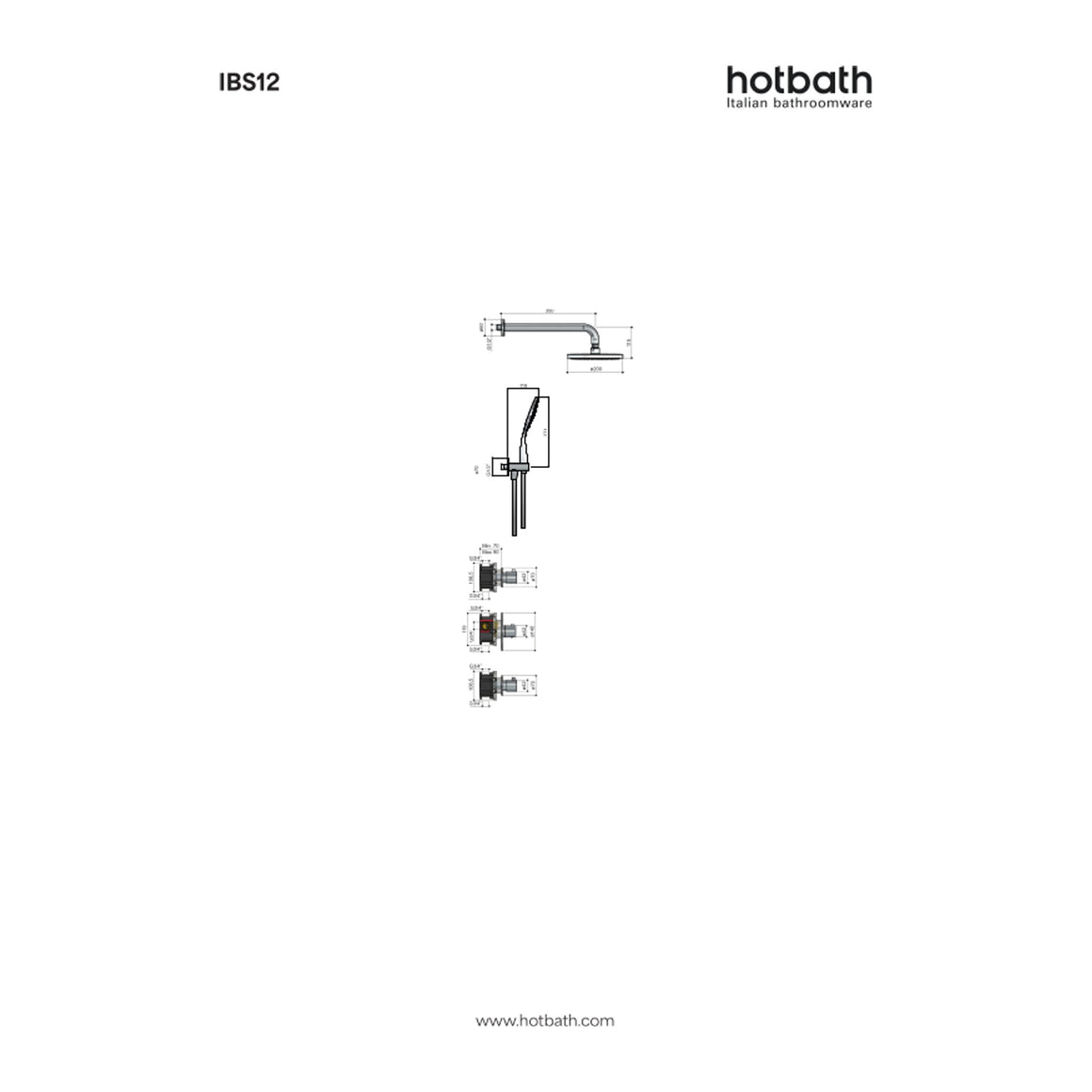 Hotbath Buddy IBS12 inbouw regendoucheset thermostatisch met 2 stopkranen technische tekening