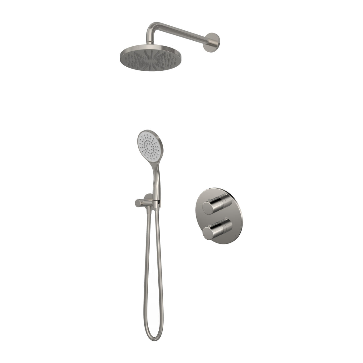 Hotbath Buddy IBS12A inbouw regendoucheset thermostatisch met 2-weg stop-omstel Geborsteld nikkel Staafhanddouche + wandarm + hoofddouche 20 cm productfoto