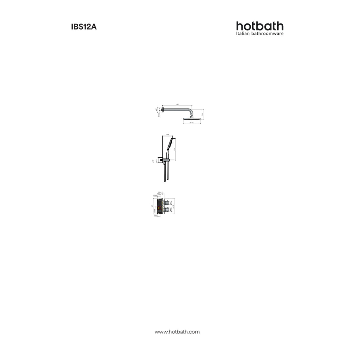 Hotbath Buddy IBS12A inbouw regendoucheset thermostatisch met 2-weg stop-omstel technische tekening