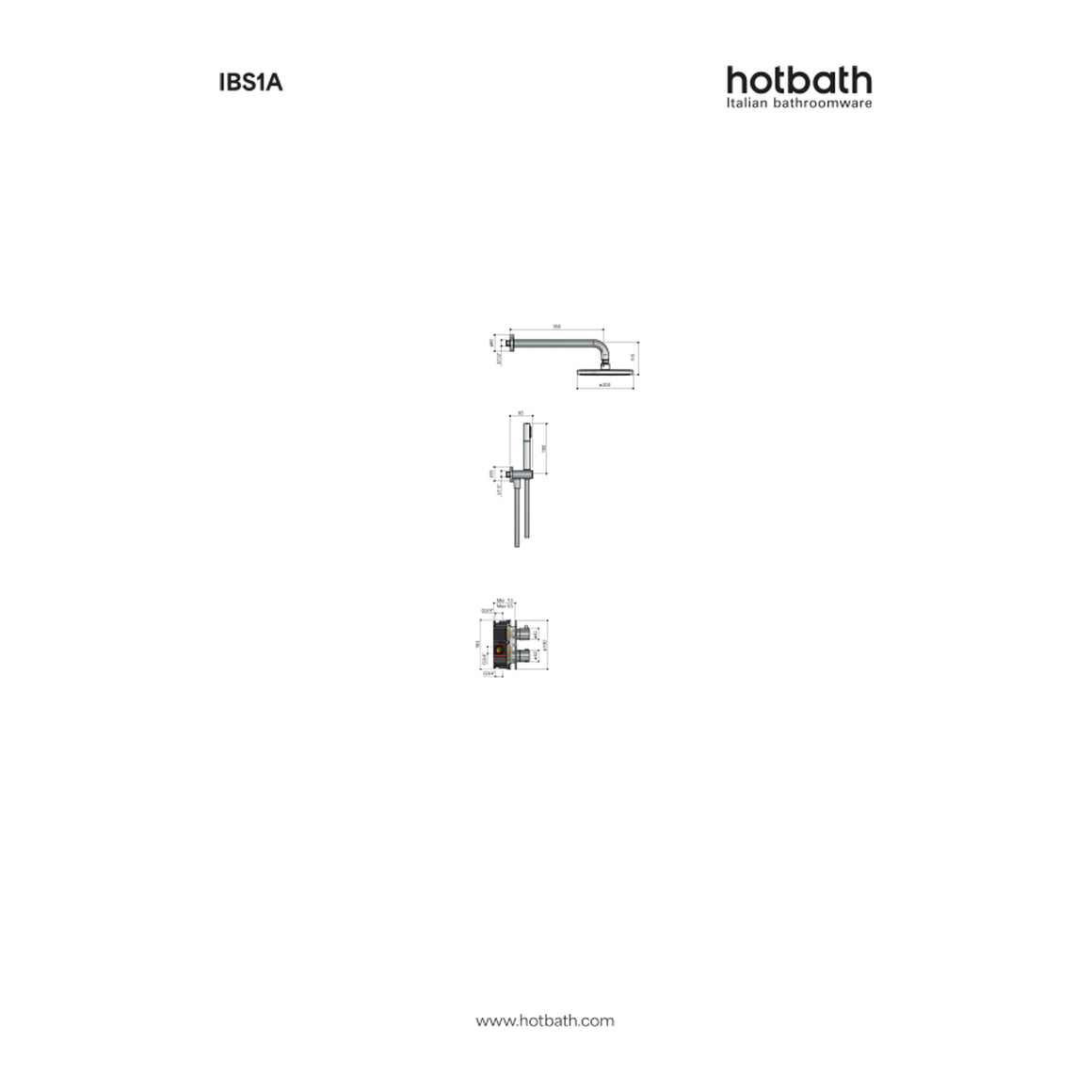 Hotbath Buddy IBS1A inbouw regendoucheset thermostatisch met 2-weg stop-omstel technische tekening