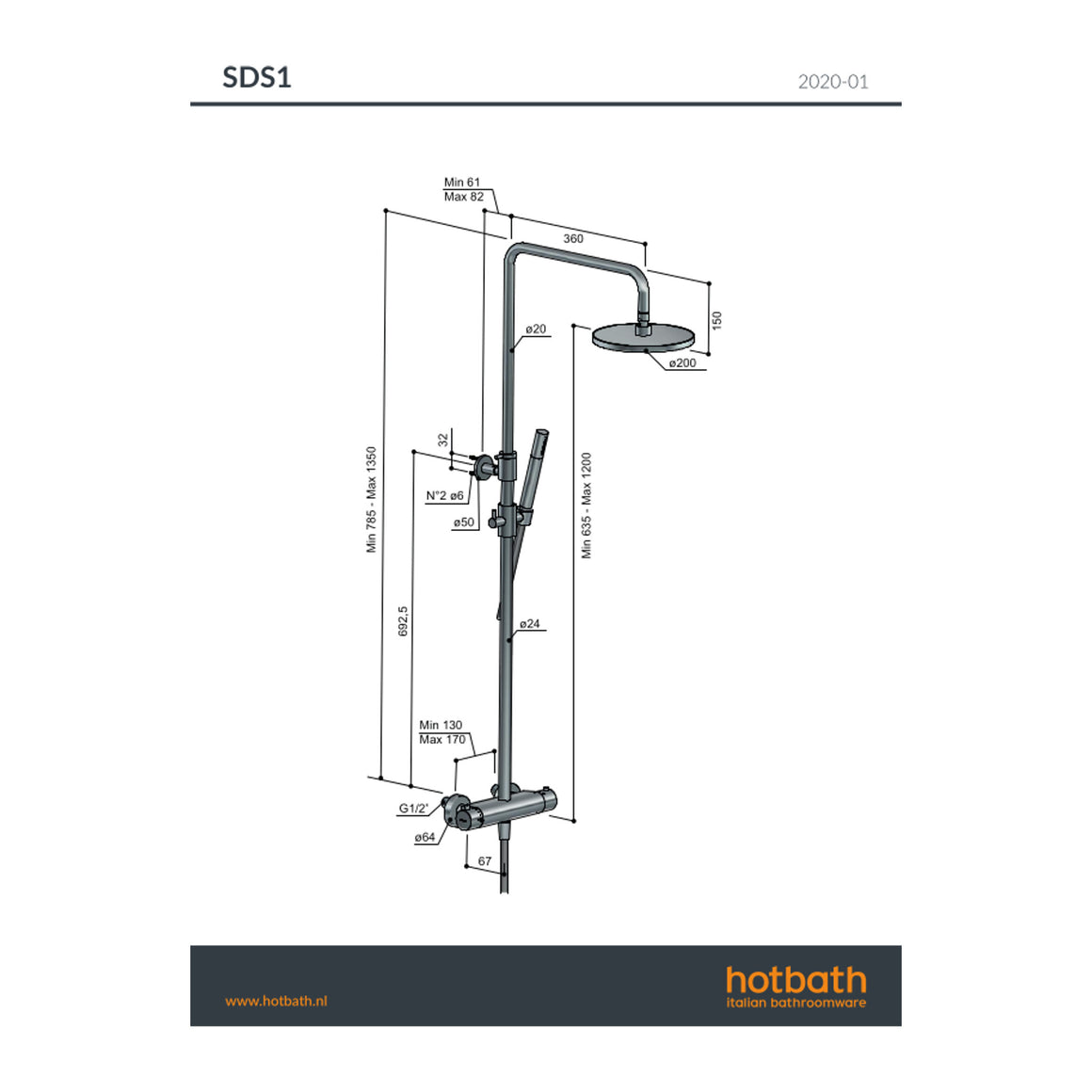 Hotbath Buddy SDS1 thermostatische regendoucheset opbouw technische tekening