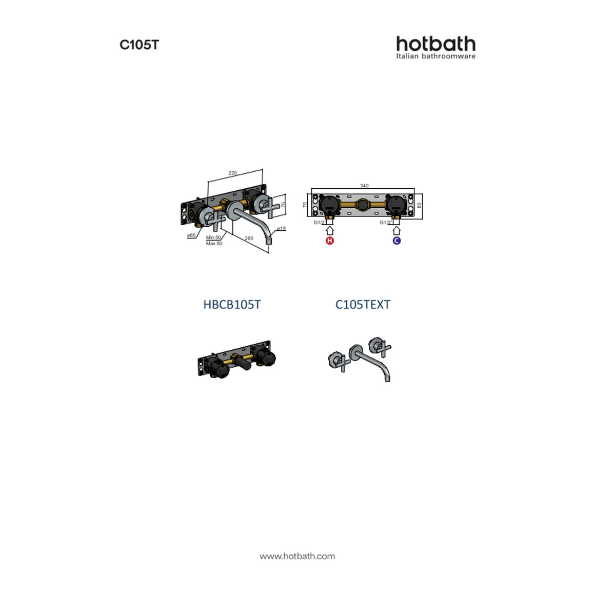 Hotbath Chap C105T inbouw wastafelmengkraan 3-gats met 20 cm uitloop technische tekening