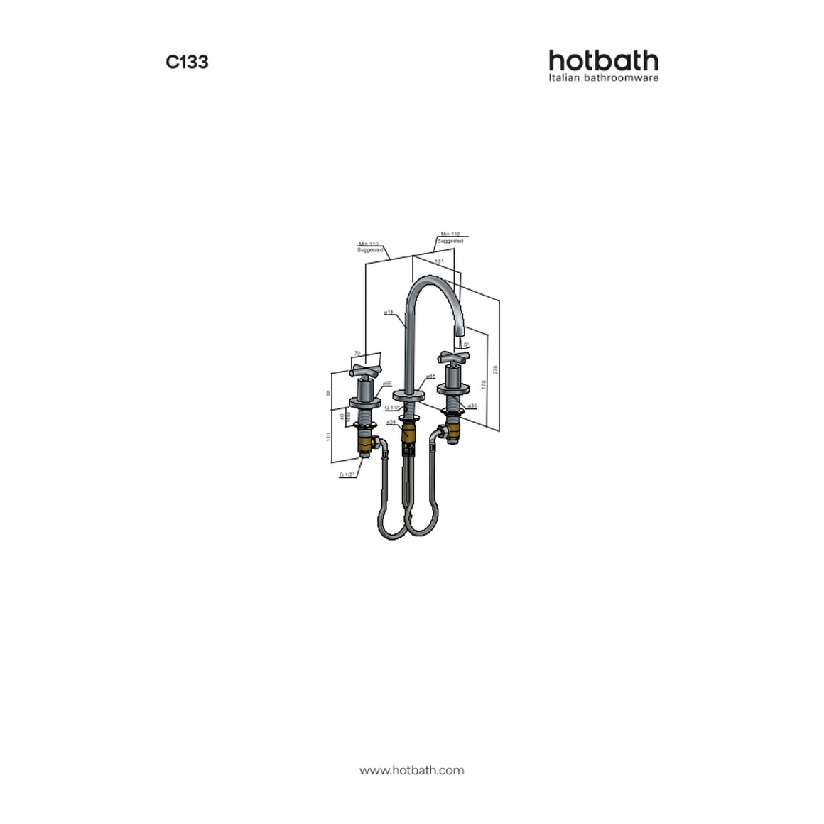 Hotbath Chap C133 3-gats wastafelmengkraan technische tekening