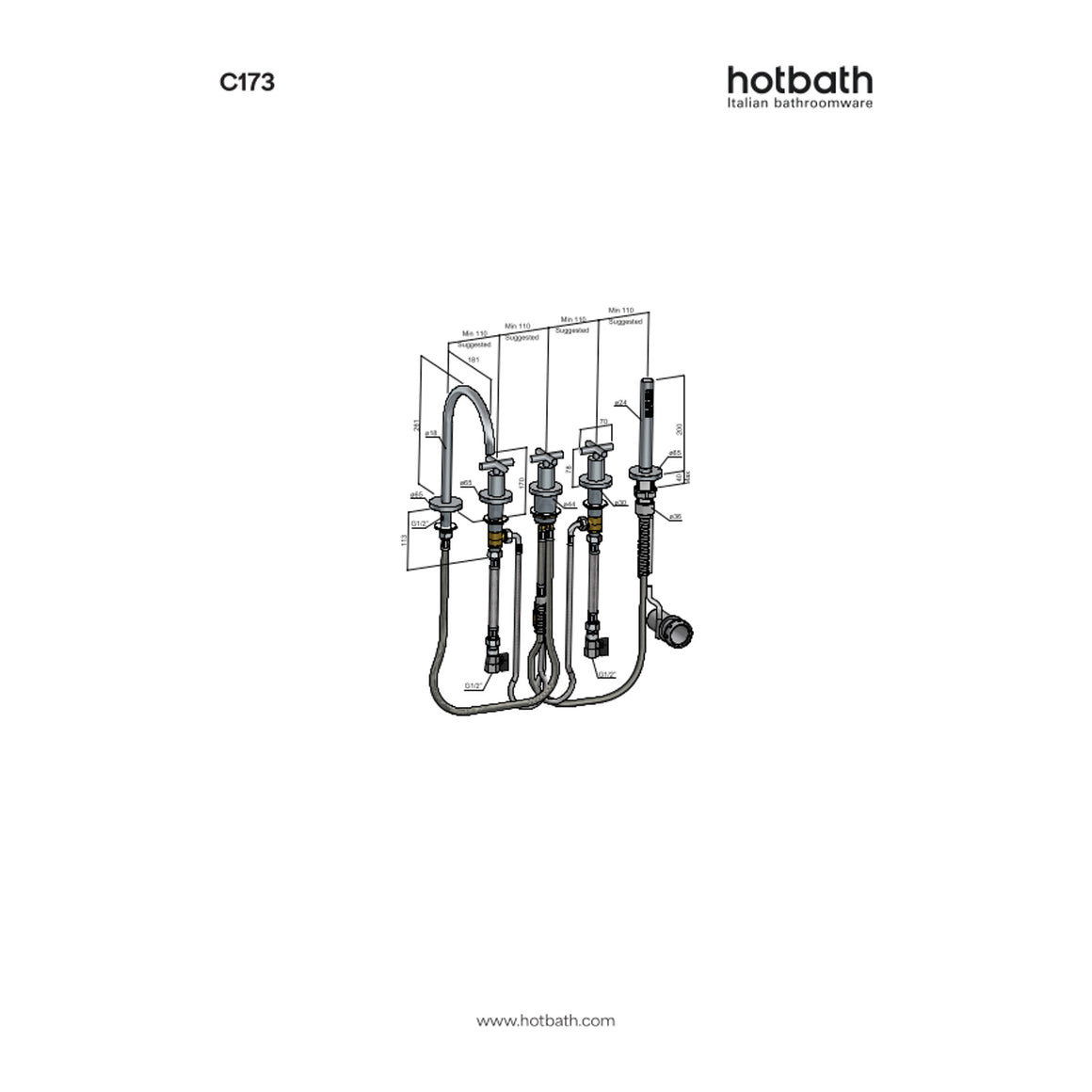 Hotbath Chap C173 badrandcombinatie met uitloop en 2 stopkranen technische tekening