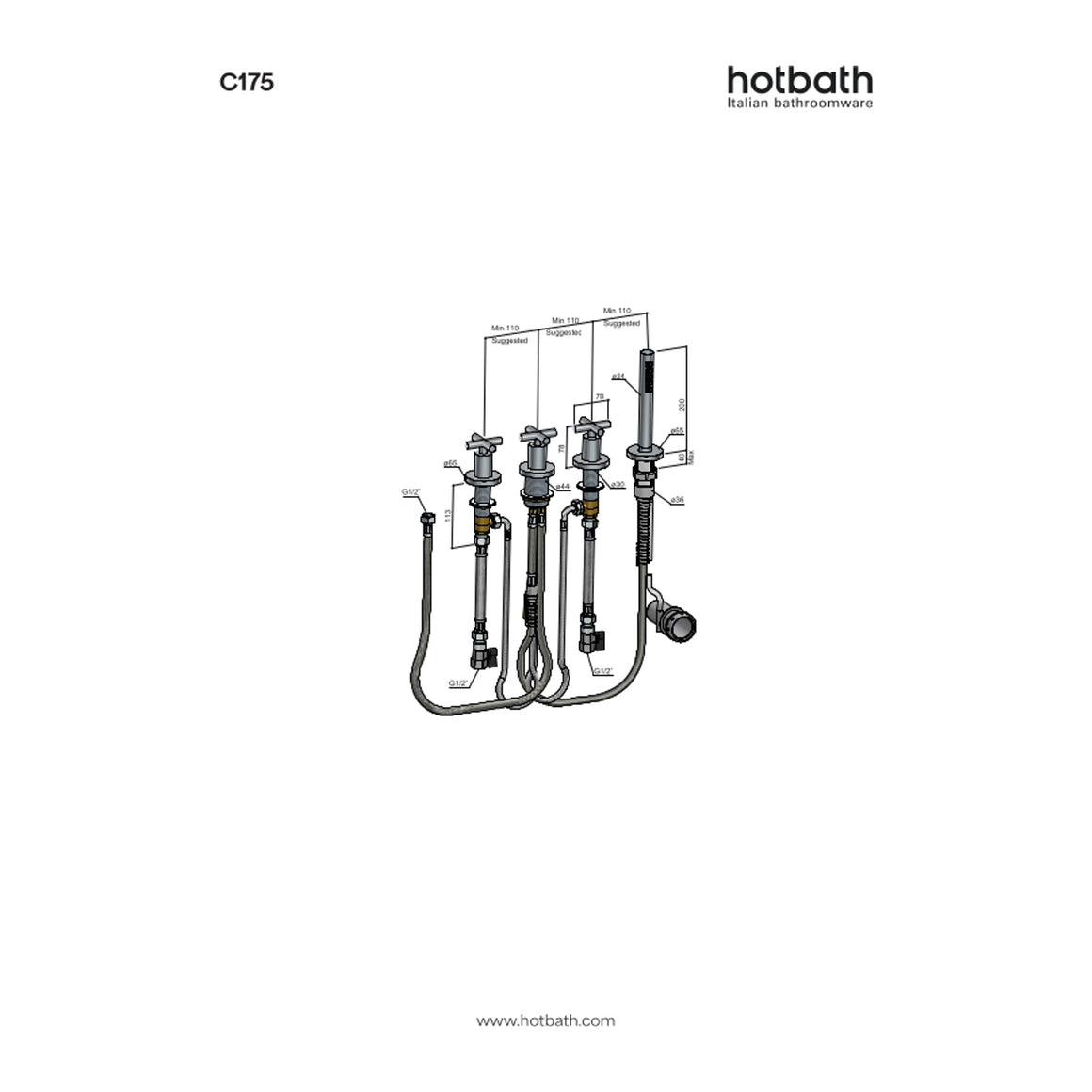 Hotbath Chap C175 badrandcombinatie zonder uitloop met 2 stopkranen technische tekening