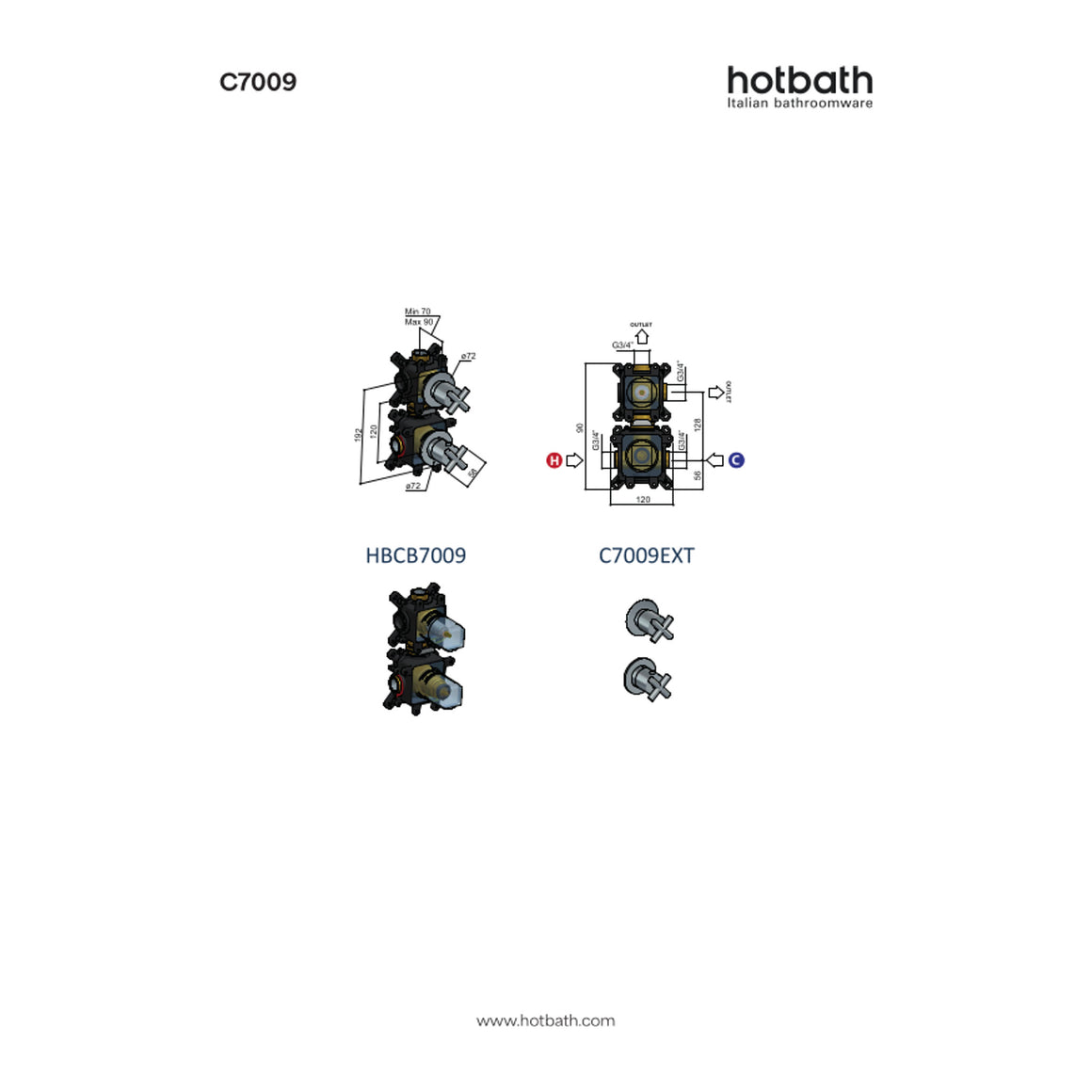 Hotbath Chap C7009 inbouw thermostaat met 2-weg stop-omstel technische tekening