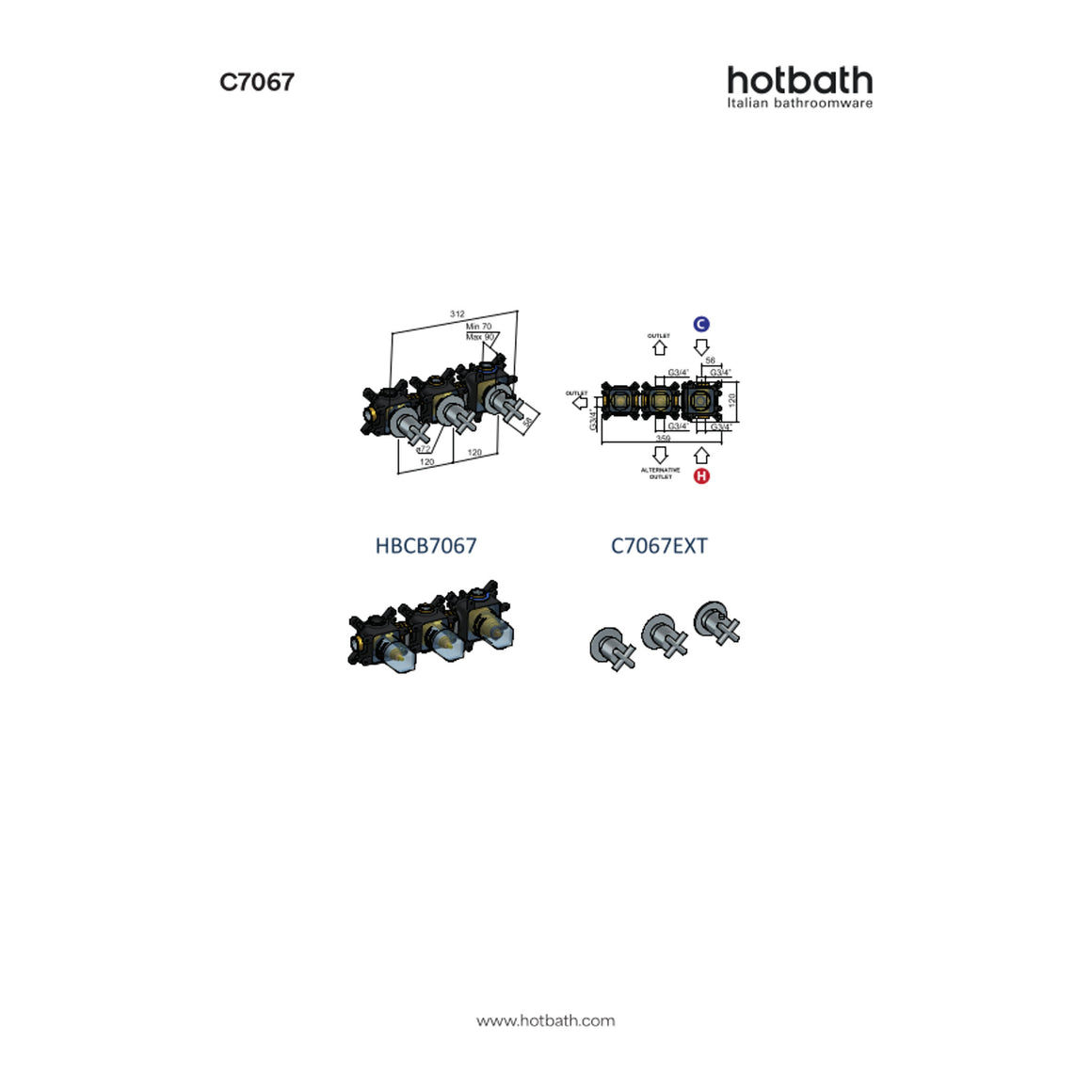Hotbath Chap C7067 inbouw douchethermostaat met 2 stopkranen technische tekening