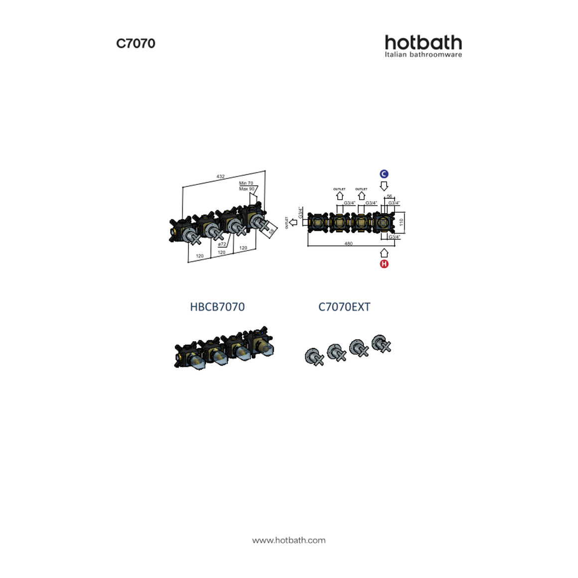 Hotbath Chap C7070 inbouw douchethermostaat met 3 stopkranen technische tekening