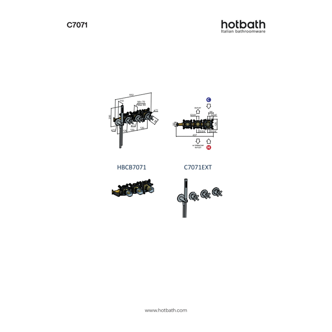 Hotbath Chap C7071 inbouw bad/douchethermostaat met 2 stopkranen zonder uitloop technische tekening
