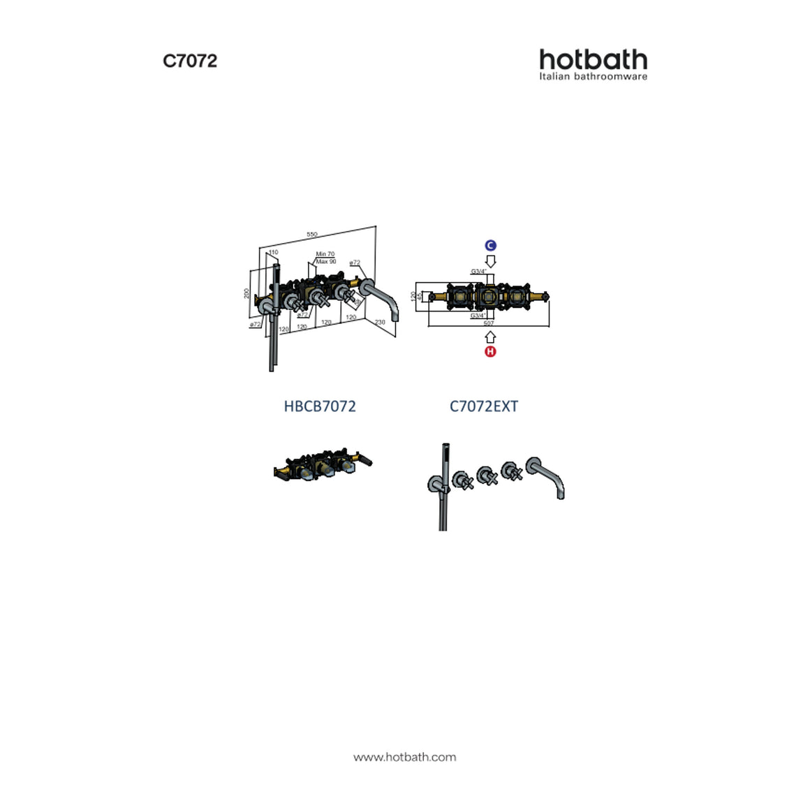 Hotbath Chap C7072 inbouw badthermostaat met 2 stopkranen en uitloop technische tekening