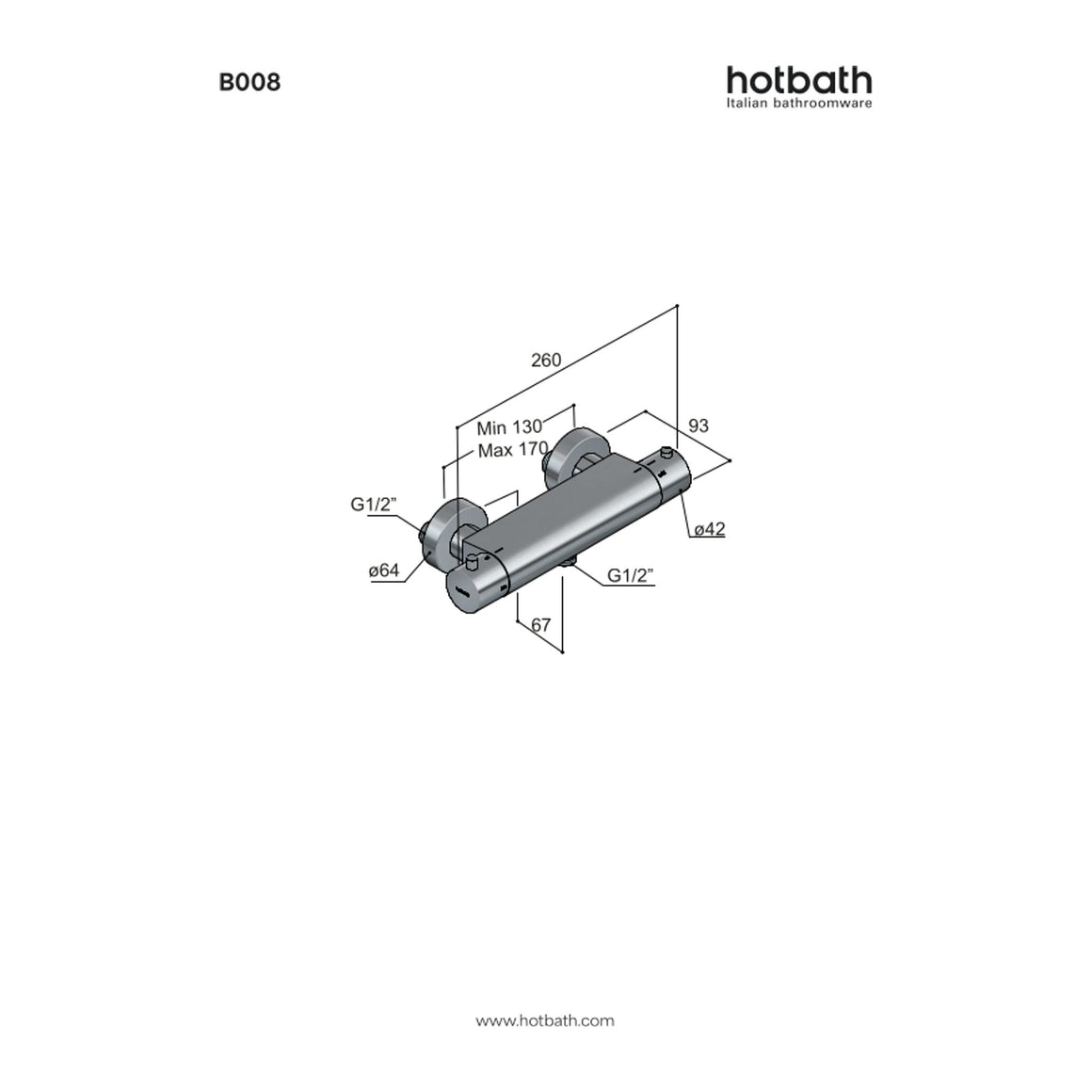 Hotbath Cobber B008 thermostatische douchemengkraan opbouw technische tekening