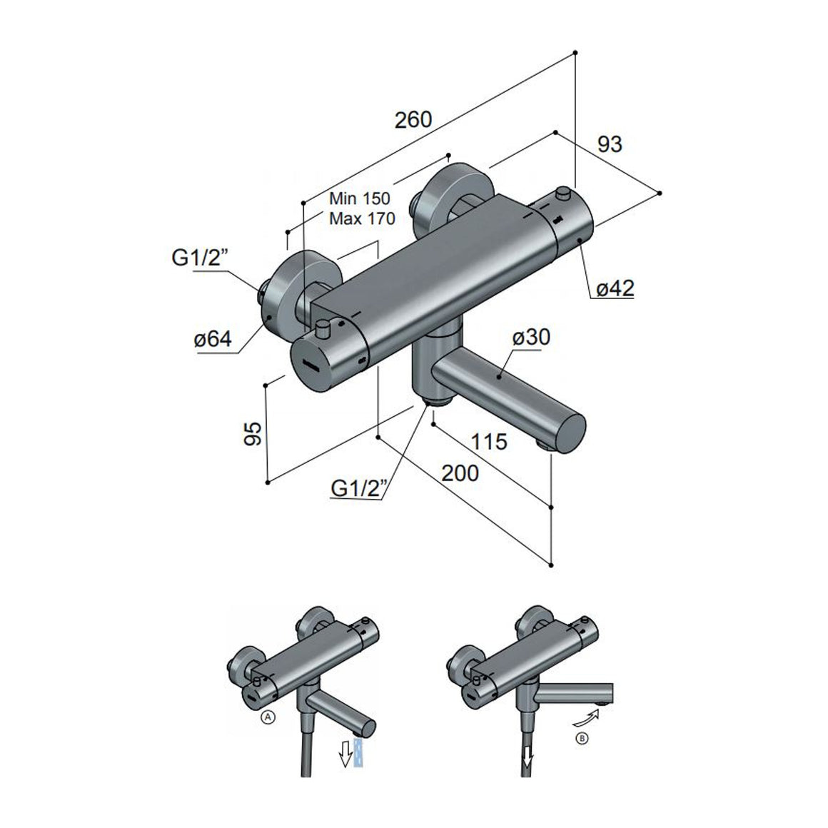 Hotbath Cobber B020 thermostatische badmengkraan met wegdraaibare omstel-uitloop Mat wit productfoto