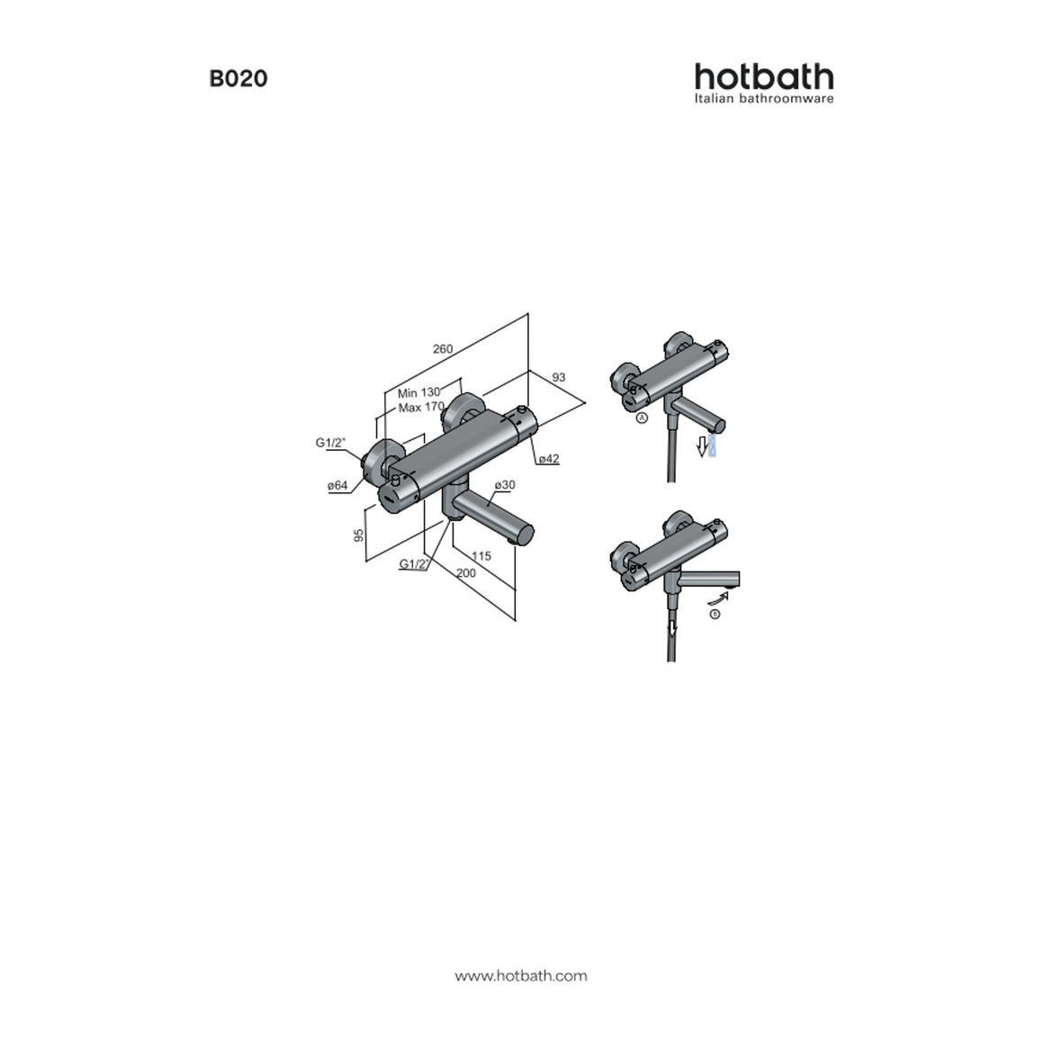 Hotbath Cobber B020 thermostatische badmengkraan met wegdraaibare omstel-uitloop technische tekening