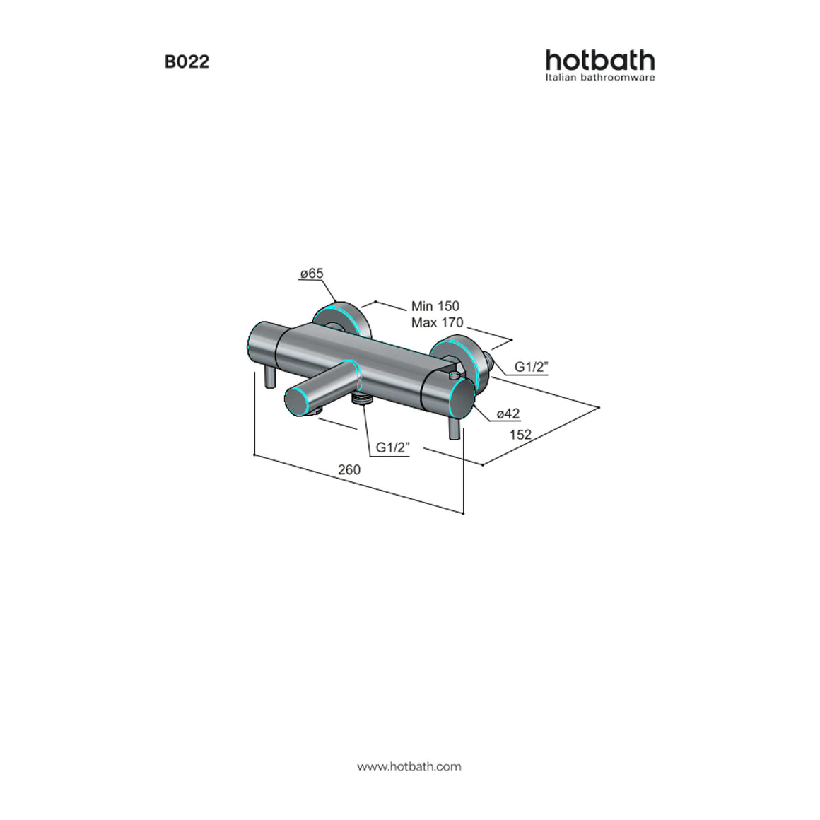Hotbath Cobber B022 thermostatische badmengkraan met uitloop technische tekening