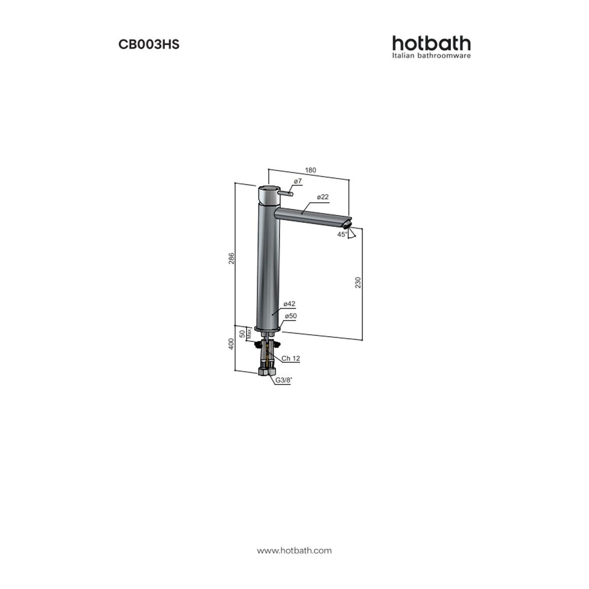 Hotbath Cobber CB003HS hoge wastafelmengkraan met rechte uitloop technische tekening