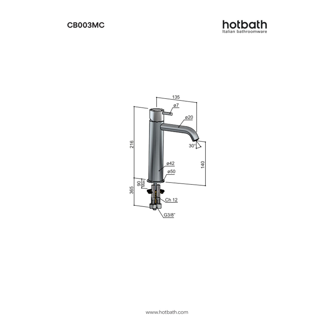 Hotbath Cobber CB003MC halfhoge wastafelmengkraan met gebogen uitloop technische tekening