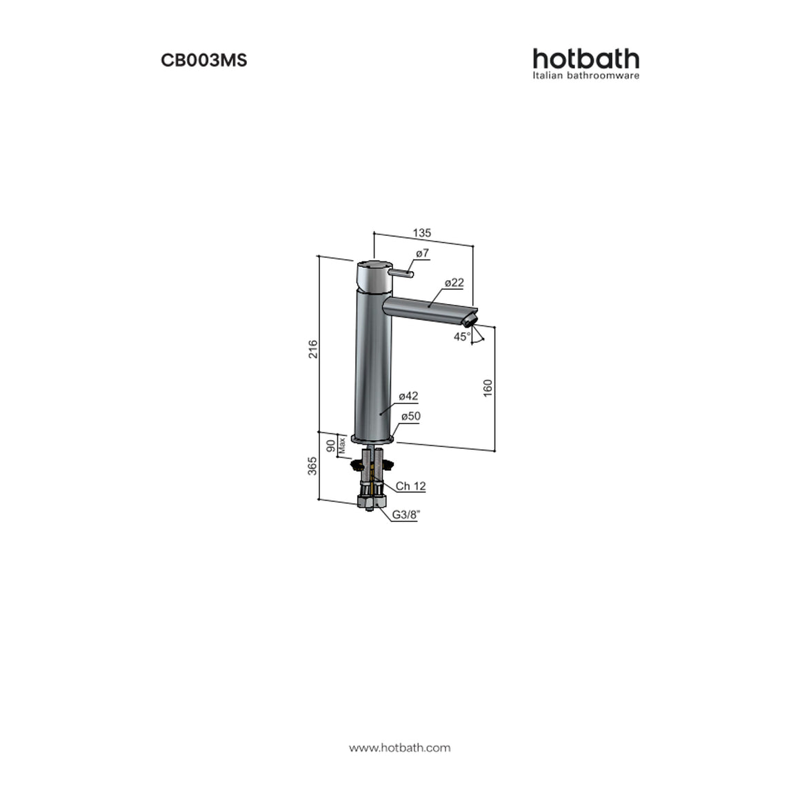 Hotbath Cobber CB003MS halfhoge wastafelmengkraan met rechte uitloop technische tekening