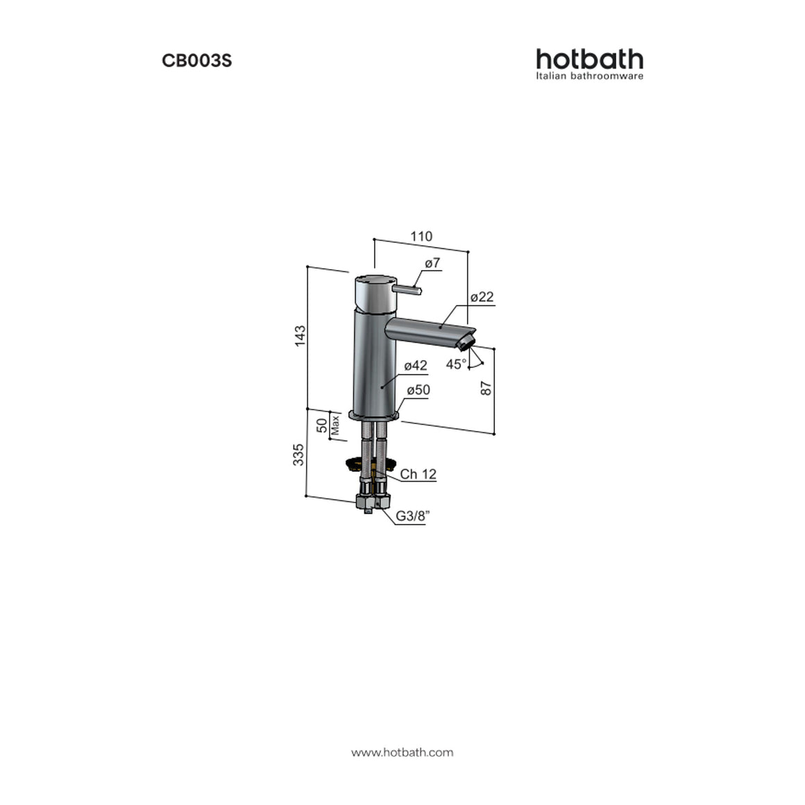 Hotbath Cobber CB003S wastafelmengkraan met rechte uitloop technische tekening