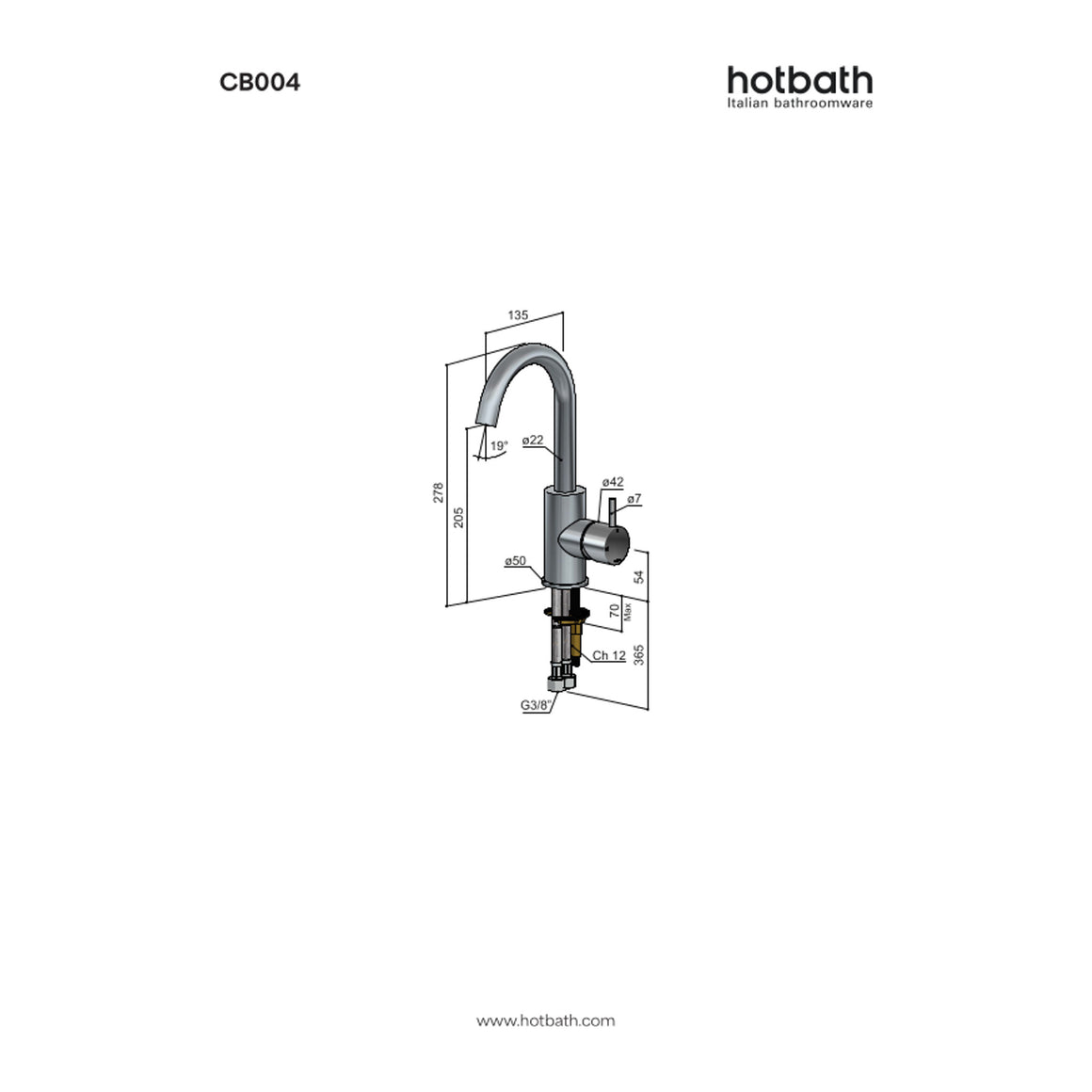 Hotbath Cobber CB004 wastafelmengkraan met draaibare uitloop technische tekening