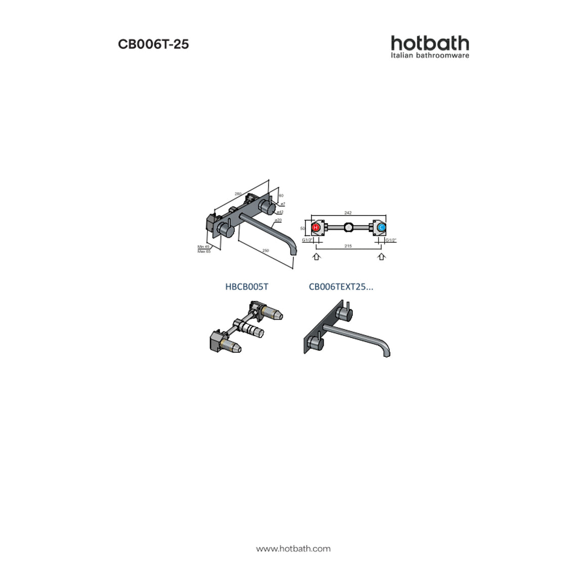 Hotbath Cobber CB006T inbouw wastafelmengkraan 3-gats met achterplaat 25 cm technische tekening