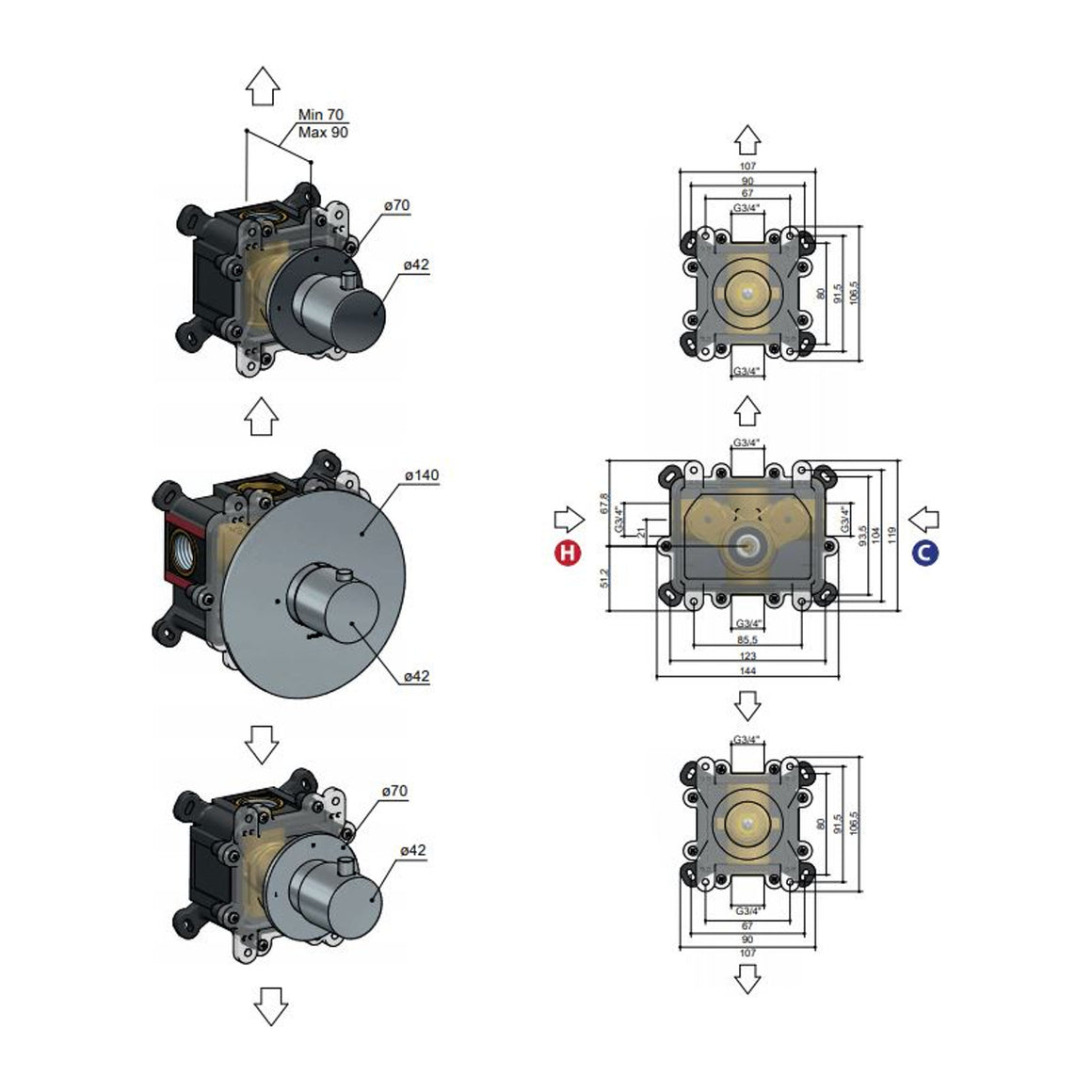 Hotbath Cobber CB007 inbouw thermostaat met 2 stopkranen Geborsteld messing PVD productfoto